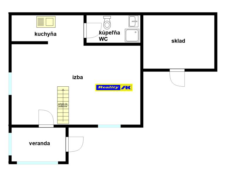 Pôdorys so skladom, izbou, kuchyňou, kúpeľňou, verandou a schodmi, pripomína útulnú Chatu pri Hrdinov SNP.