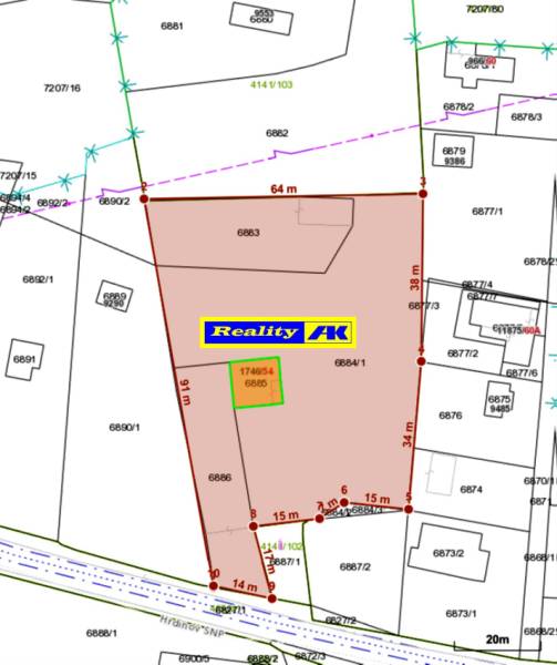 Mapa pozemkov na predaj v rekreačnej oblasti Hrdinov SNP, Martin, zahŕňa viaceré parcely.