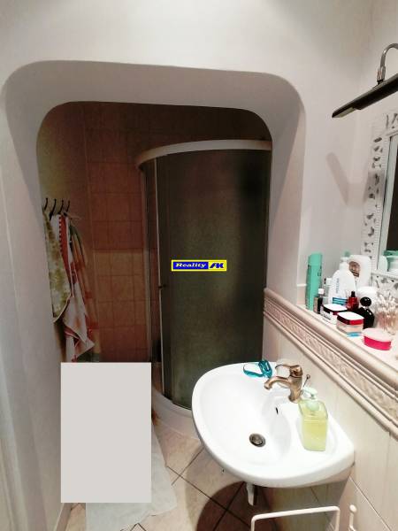Kúpeľňa v rodinnom dome s umývadlom a sprchovým kútom, doplnená o kozmetické prípravky.