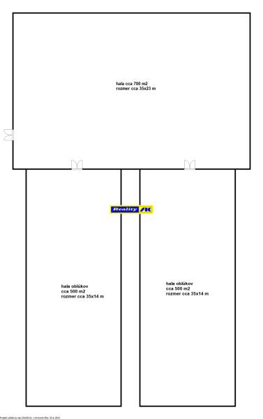 Plán troch hál s rozmermi 700 m² a 500 m². Sklady a haly.