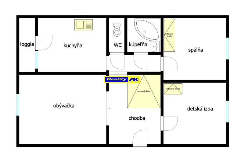 Pôdorys 3-izbového bytu s loggiou, kuchyňou, obývačkou, spálňou a detskou izbou.