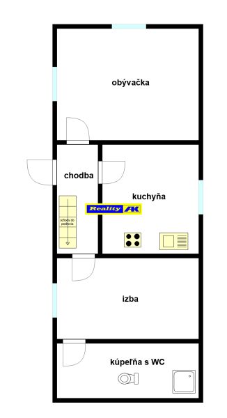 Pôdorys Chaty: obývačka, kuchyňa, izba, kúpeľňa s WC, chodba.